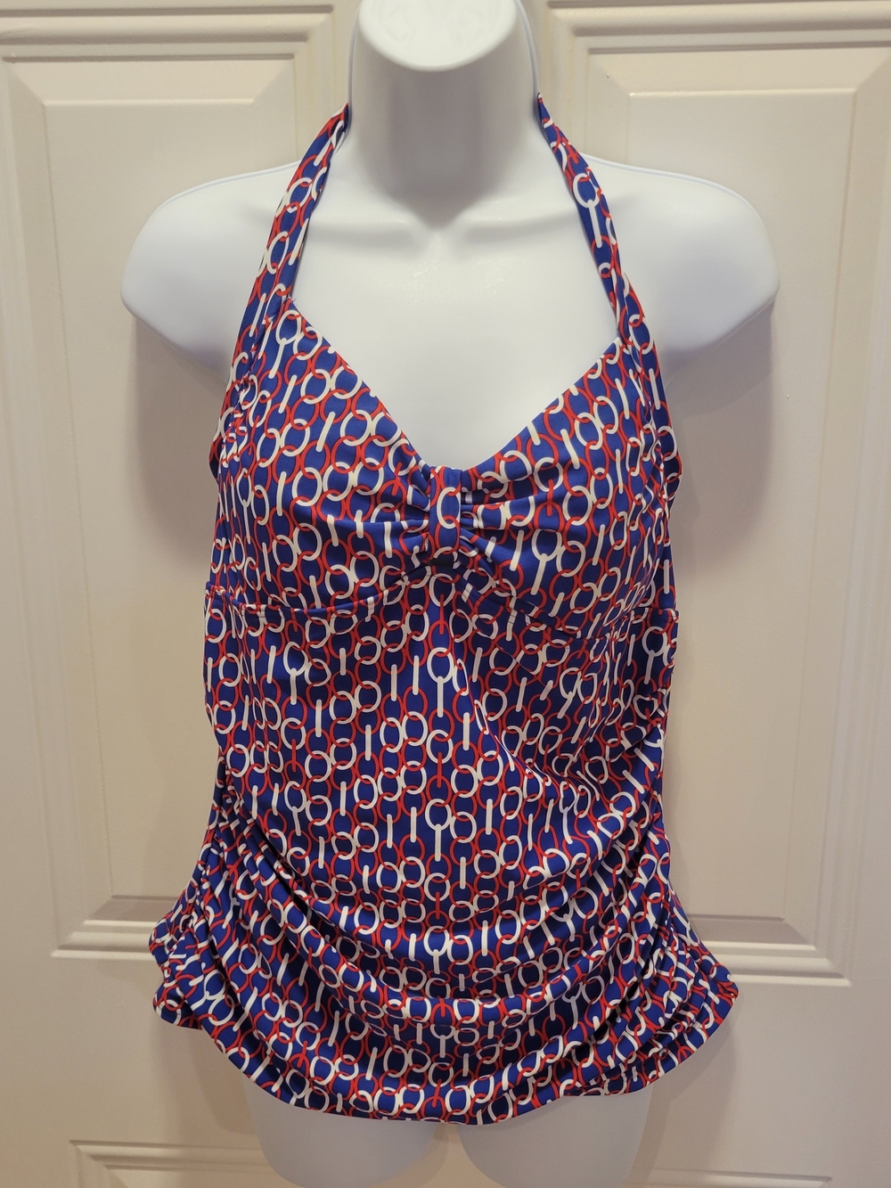 Ladies Halter Tankini Swimsuit in Blue, Red & White Print